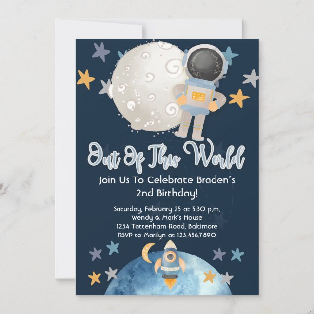 Astronaut Rymden Birthday bjudande Blue Boy Inbjudningar (Framsida)