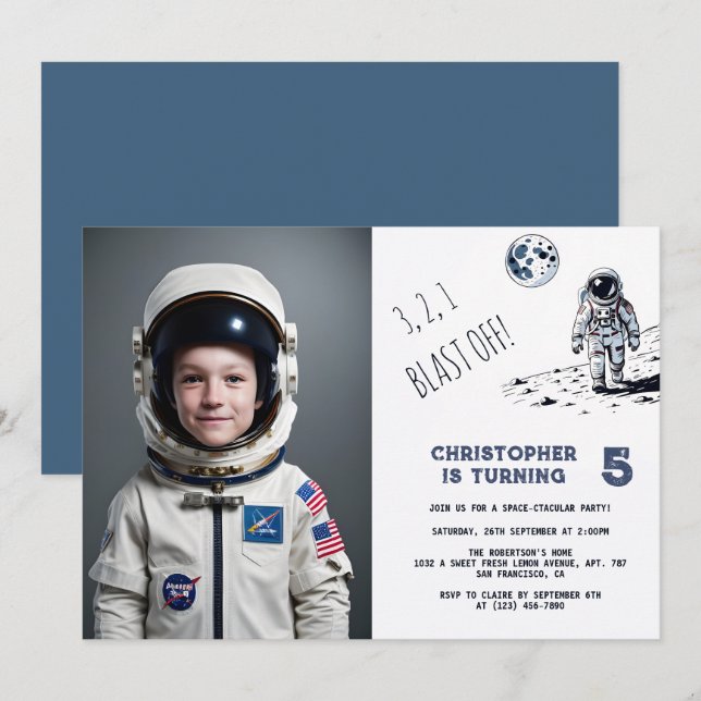 Astronaut Rymden Blast off Boy Birthday Photo Inbjudningar (Fram/baksida)