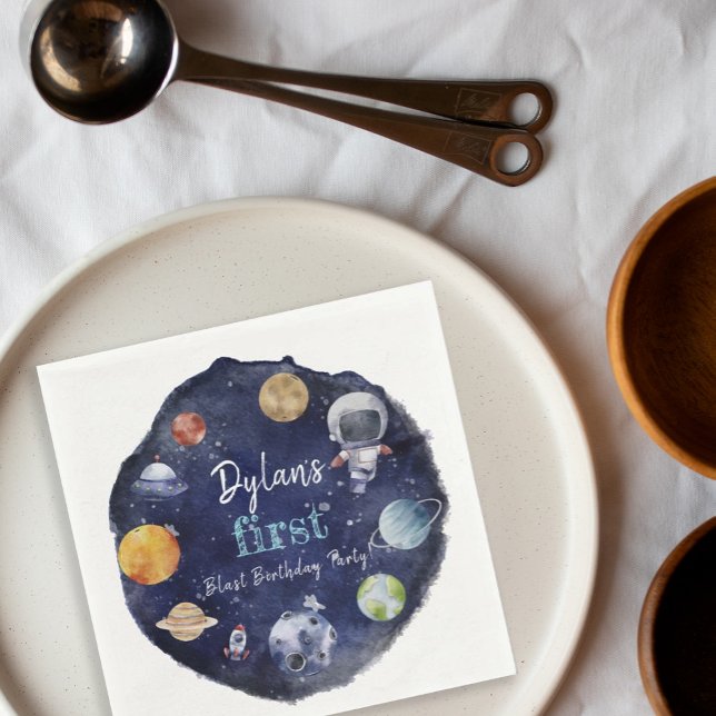 Astronaut Rymden Boy 1st Birthday Party Pappersservett (Astronaut Outer Space Boy 1st Birthday Favor Tags Napkins)