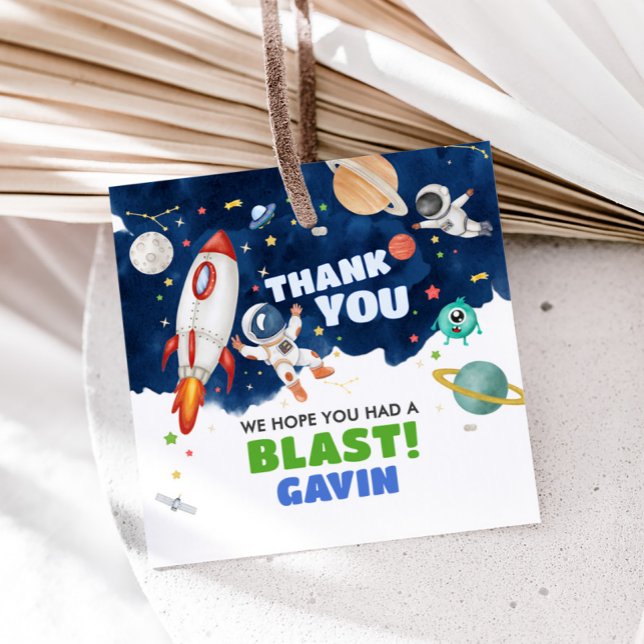 Astronaut Rymden Födelsedagsfest Square Gåvor Etiketter (Astronaut Outer Space Blast Off Birthday Party Square Favor Tags)