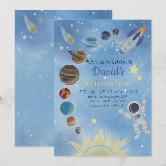 Astronaut Rymden Planets Birthday-inbjudan Inbjudningar (Fram/baksida)