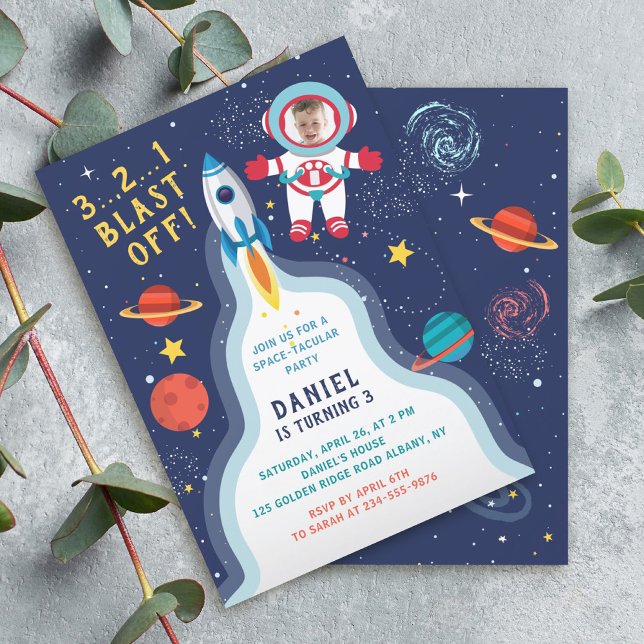 Astronaut Rymden Rocket Frakt Birthday Photo Inbjudningar (Skapare uppladdad)