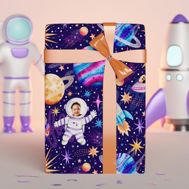 Astronaut Rymden Rockets & Planets Foto Presentpapper (Astronaut Outer Space Rockets & Planets Photo Wrapping Paper)