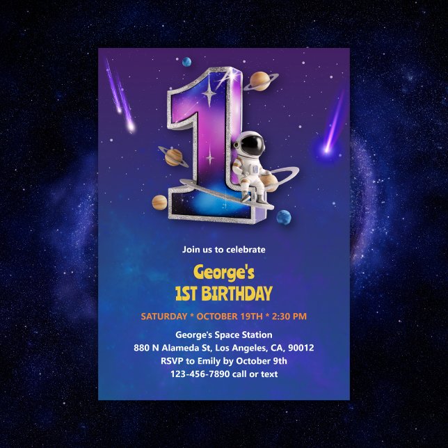 Astronaut Rymden Thmet Boy 1st Birthday Inbjudningar (Astronaut Outer Space Themed Boy 1st Birthday Invitation)