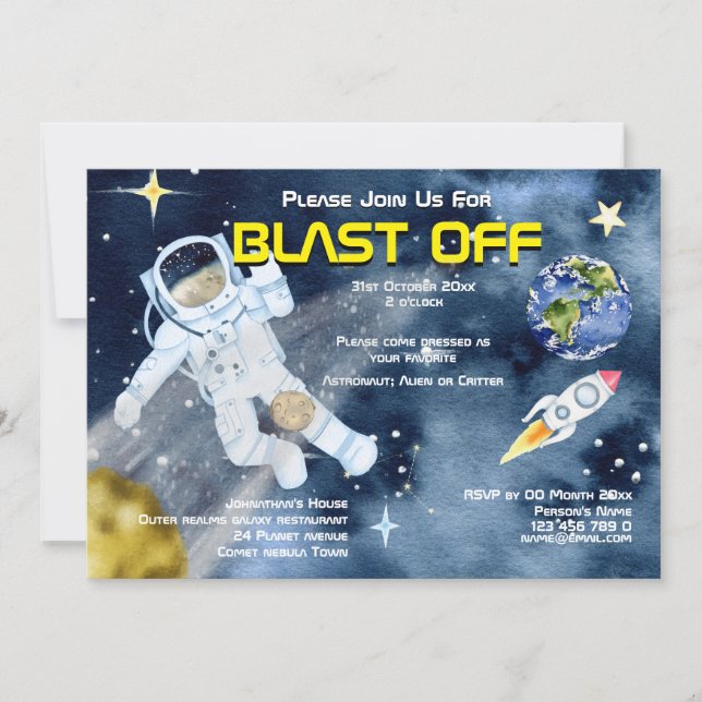 Astronaut rymdskepp UFO planeter barn vuxna fest Inbjudningar (Framsida)