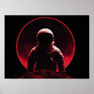 Astronaut Siluett på Röd Planet med Mörk Sol Poster