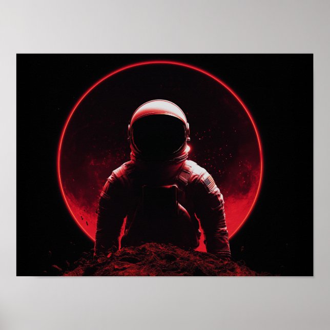Astronaut Siluett på Röd Planet med Mörk Sol Poster (Framsidan)