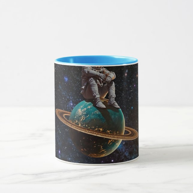 Astronaut sittande på ringad planet galax kaffe M Mugg (Center)