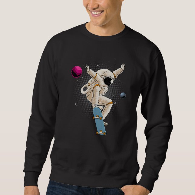 Astronaut Skateboarding Space Planets Måne Astrona Lång Ärmad Tröja (Framsida)
