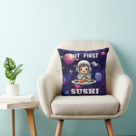 Astronaut som äter Sushi vit text Kudde