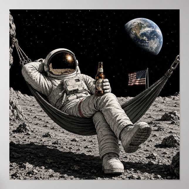 Astronaut som chillar med öl på månen poster (Framsidan)