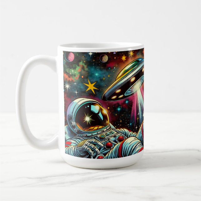 Astronaut som Flyter i rymden med en UFO Ai Art Kaffemugg (Vänster)