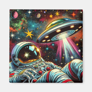 Astronaut som Flyter i rymden med en UFO Ai Art Magnet