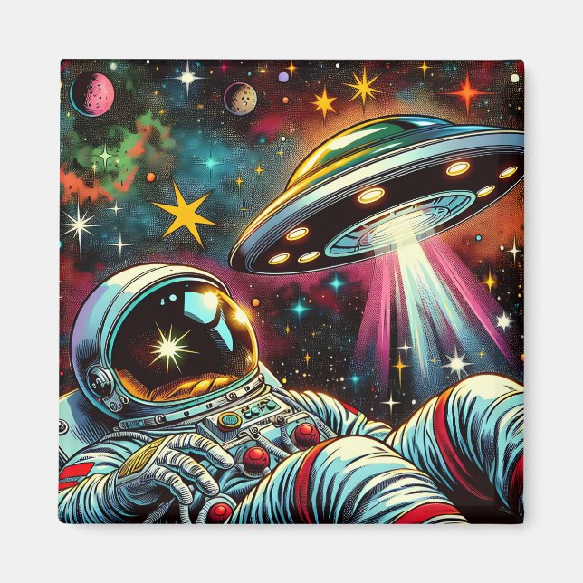Astronaut som Flyter i rymden med en UFO Ai Art Magnet (Framsidan)