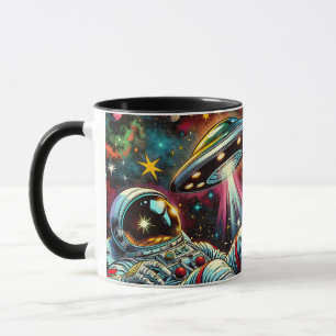 Astronaut som Flyter i rymden med en UFO Ai Art Mugg