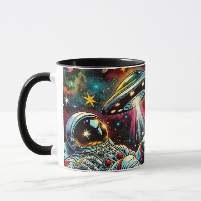 Astronaut som Flyter i rymden med en UFO Ai Art Mugg (Vänster)