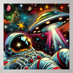 Astronaut som Flyter i rymden med en UFO Ai Art Poster