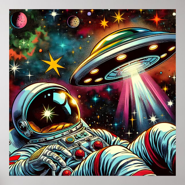 Astronaut som Flyter i rymden med en UFO Ai Art Poster (Framsidan)