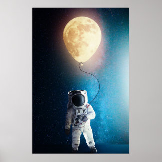 astronaut som håller måne-ballong poster
