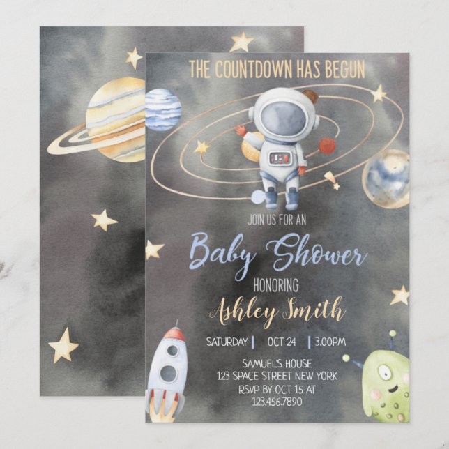 Astronaut Space Baby Shower-inbjudan Inbjudningar (Fram/baksida)