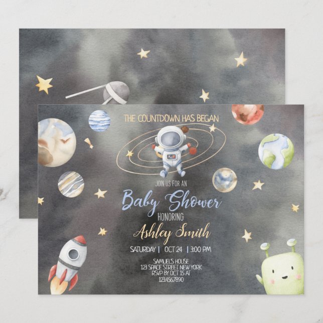 Astronaut Space Baby Shower-inbjudan Inbjudningar (Fram/baksida)