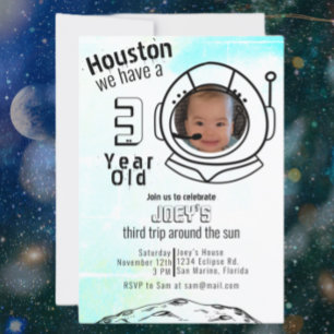 Astronaut Space Blue Anpassningsbar Photo Birthday Inbjudningar