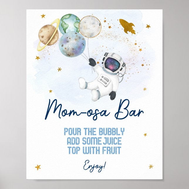 Astronaut Space Blue Guld Baby Shower Mamma-osa Pu Poster (Framsidan)