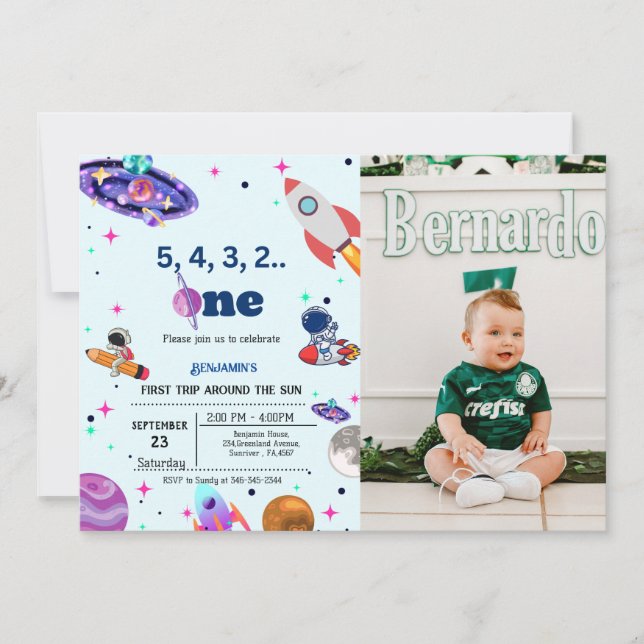 Astronaut Space första resa runt sol födelsedag Inbjudningar (Framsida)