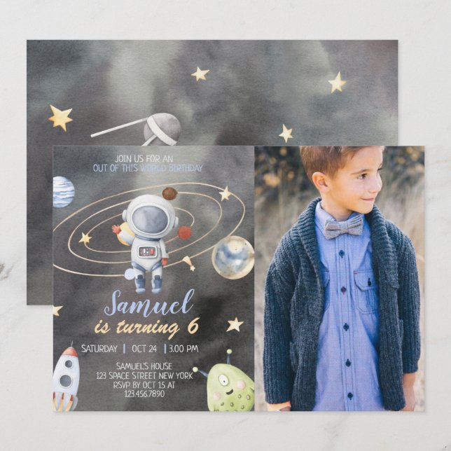 Astronaut Space Planets Birthday-inbjudan Inbjudningar (Fram/baksida)