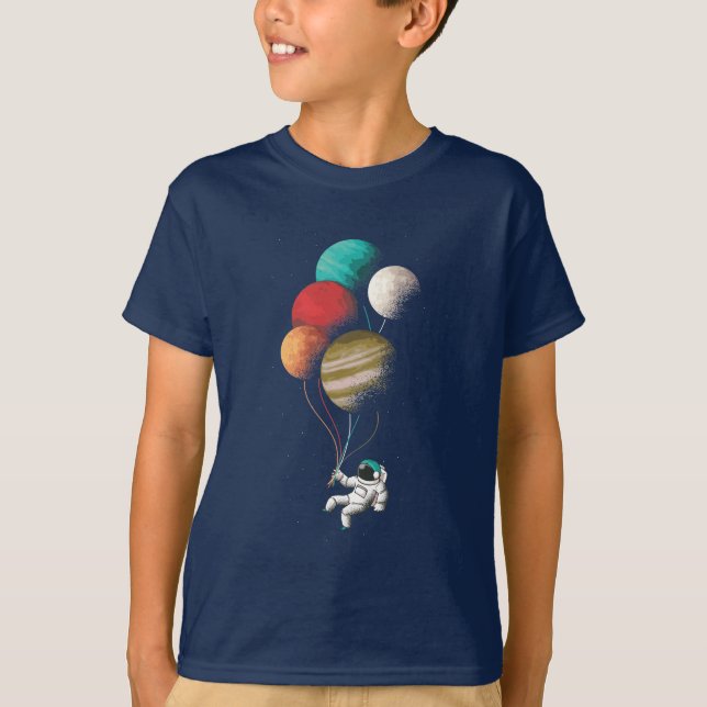 Astronaut Space, Spaceman Balloons Måne Planets T Shirt (Framsida)