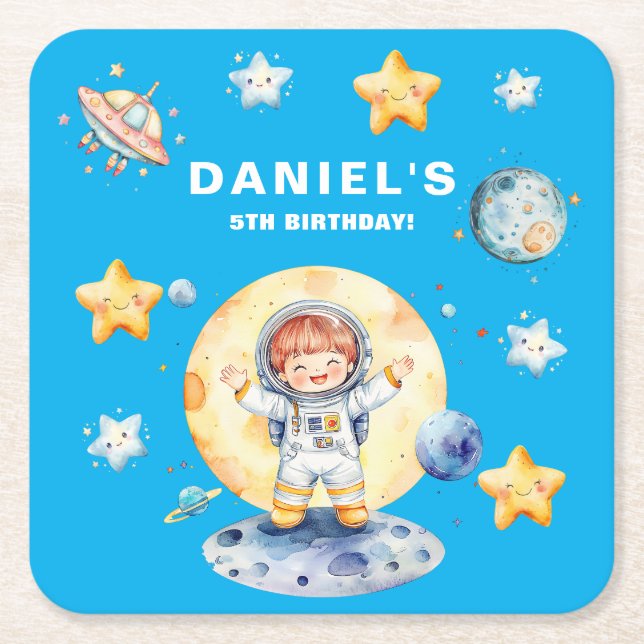 Astronaut Space-Themed Custom Birthday Party Underlägg Papper Kvadrat (Framsidan)