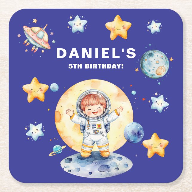 Astronaut Space-Themed Custom Birthday Party Underlägg Papper Kvadrat (Framsidan)