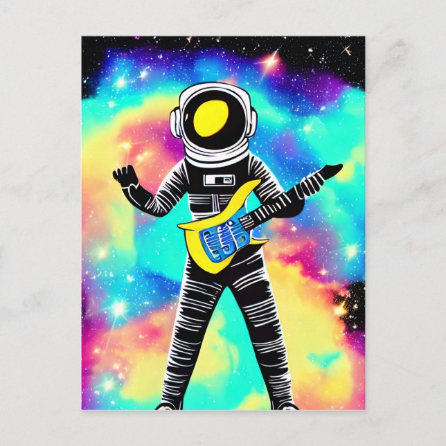 Astronaut spelar elektrisk gitarr i rymden vykort (Framsida)
