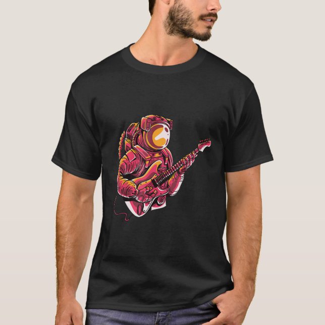 Astronaut Spelar Gitarr Rymden Måne Resa T Shirt (Framsida)