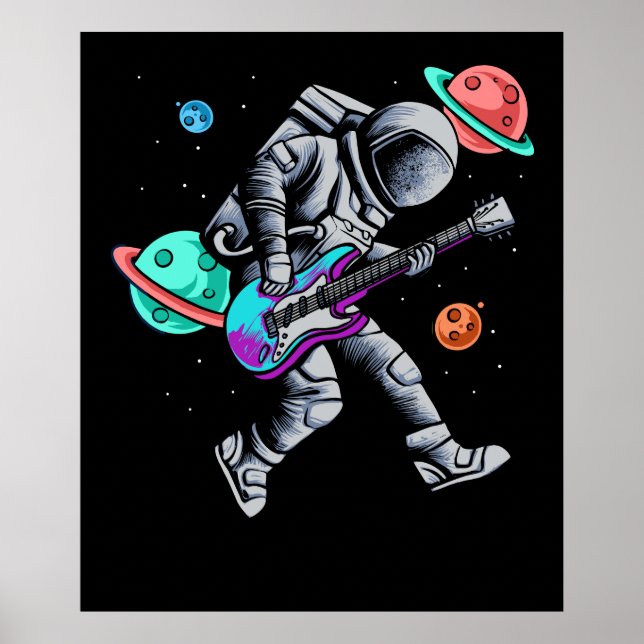 Astronaut spelar Guitar Space Planets Musician Poster (Framsidan)