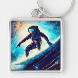 ASTRONAUT SURFING THE MILKY WAY FYRKANTIG SILVERFÄRGAD NYCKELRING