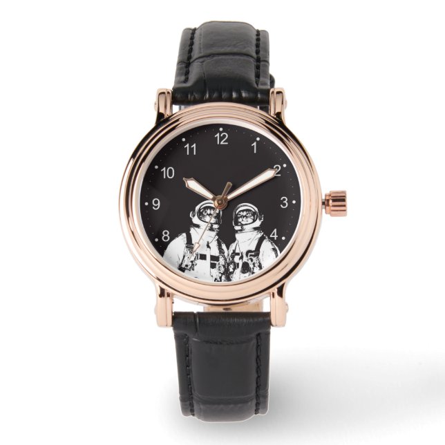 Astronaut, svart och vit katt armbandsur (Framsida)