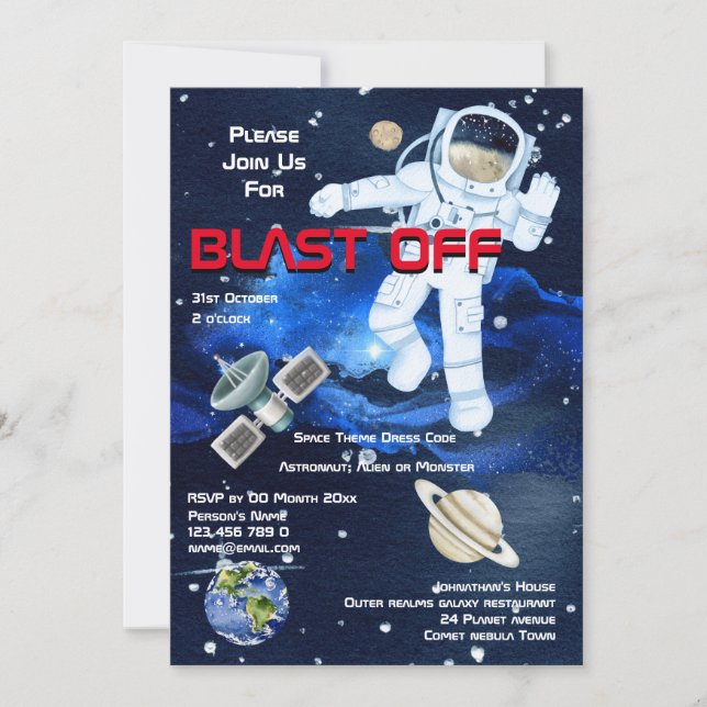 Astronaut svävande bland planeter ÅLDER pojkar rym Inbjudningar (Framsida)