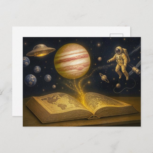 Astronaut svävar från kosmisk saga helg vykort (Fram/baksida)
