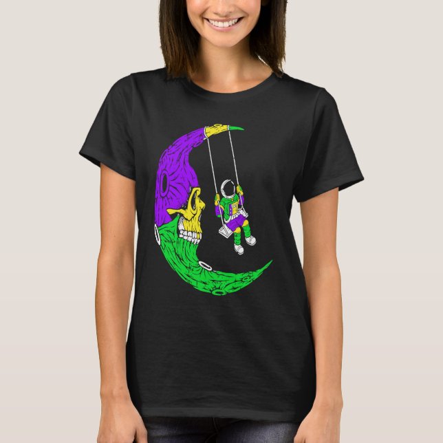 Astronaut Swinging On Moon Skull Mardi Gras Carniv T Shirt (Framsida)