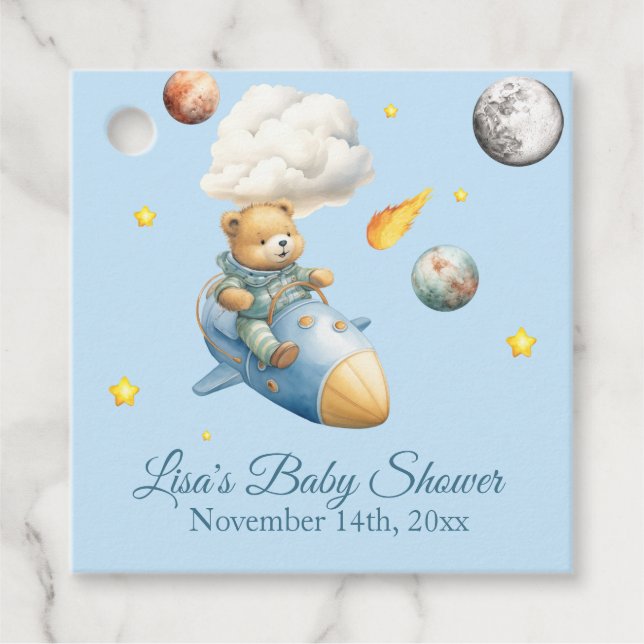 Astronaut Teddy Bear Baby Shower Gåvor Etiketter (Framsida)
