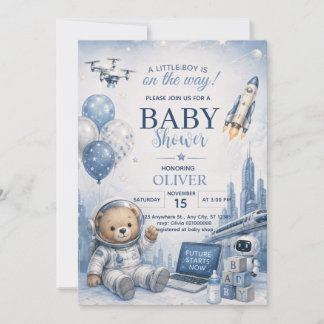 Astronaut Teddybjörn Pojke Baby Shower Inbjudan