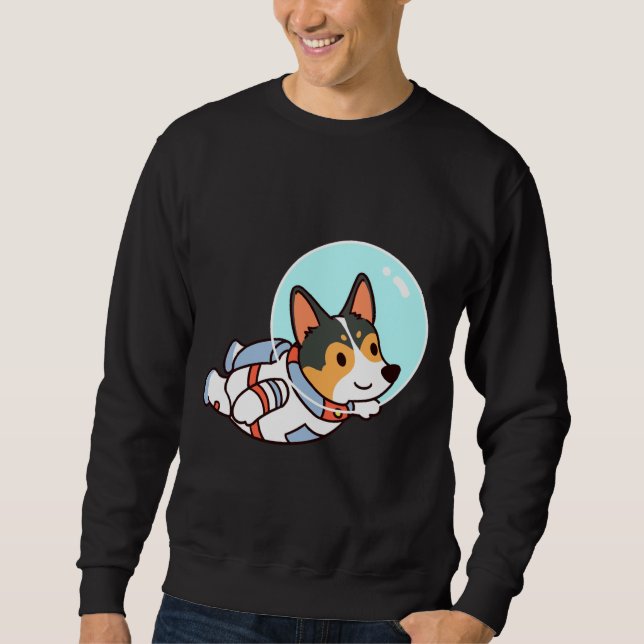 Astronaut Tri Färg Corgi Lång Ärmad Tröja (Framsida)
