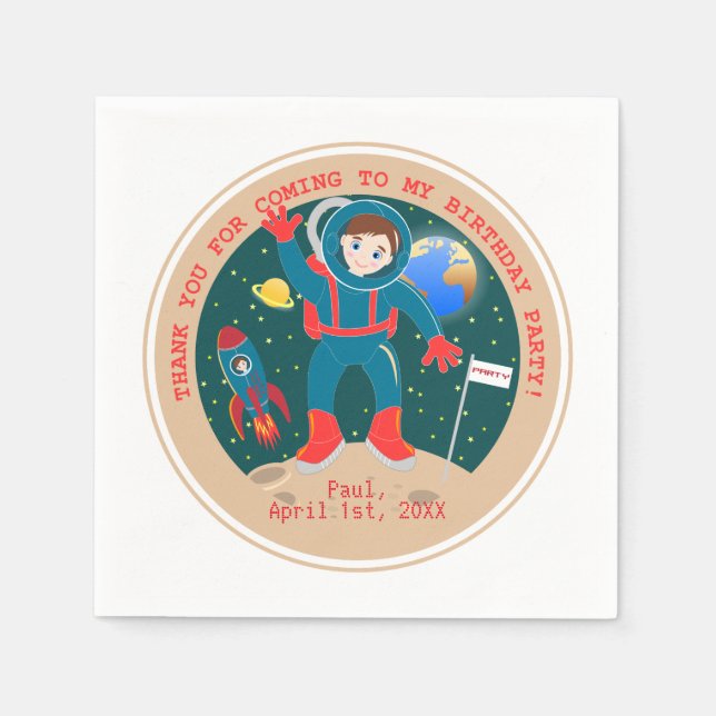 Astronaut-unge på födelsedagsfesten måne pappersservett (Framsidan)