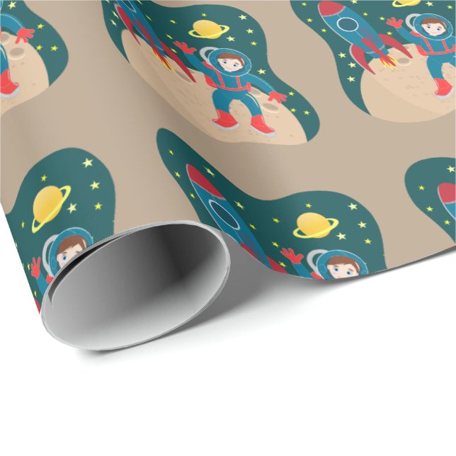 Astronaut-unge på födelsedagsfesten måne presentpapper (Rullad Hörn)
