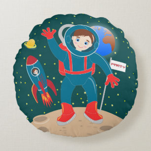 Astronaut-unge på födelsedagsfesten måne rund kudde