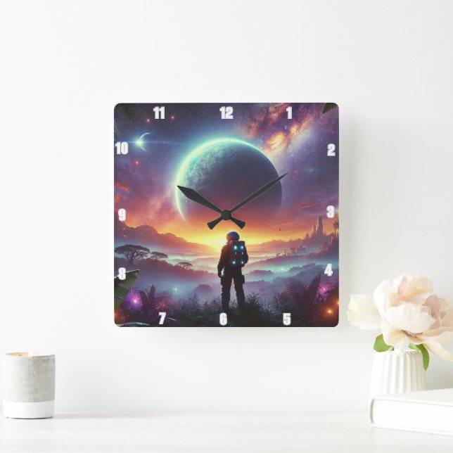 Astronaut Utforska en kraftig Alien Cosmic  Fyrkantig Klocka (Hem)