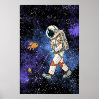 Astronaut Walking a Goldfish på ett utslag Poster