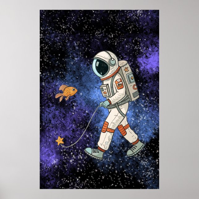 Astronaut Walking a Goldfish på ett utslag Poster (Framsidan)