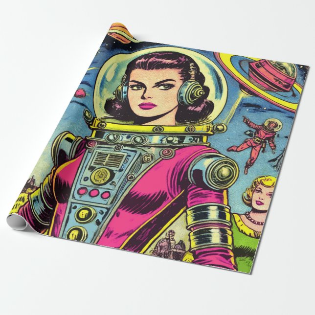 Astronaut Woman Vintage Sci-Fi-Tecknader Presentpapper (Utrullad)